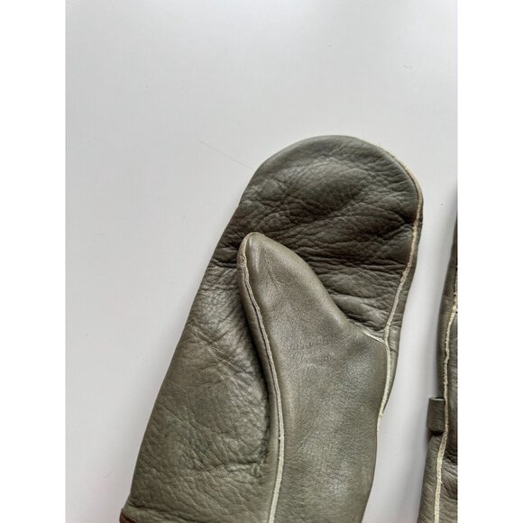 Vintage Unbranded Grey Olive Green Leather Mittens Gloves - Picture 8 of 16